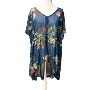 🌺 Torrid Teal Tropical Floral Chiffon Hi-Lo Babydoll Tunic 5X GUC!🌺